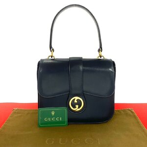 極 美品 希少品 GUCCI グッチ オールドグッチ GG ロゴ 金具 カーフ レザー 本革 ハンドバッグ セミ ワン ショルダーバッグ ネイビー 55570