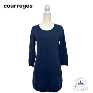 ☆美品☆ Courreges クレージュ トップス チュニック 七分袖 Uネック ライン編み レディース ネイビー 38 e-27 送料無料 古着