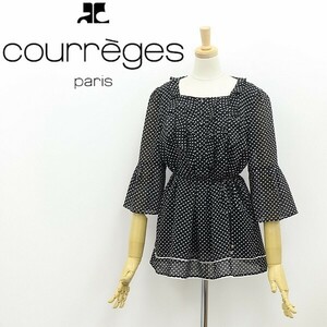 ◆Courreges クレージュ ドット柄 フリル ウエストリボン シフォン ブラウス トップス 黒 ブラック×ホワイト 38