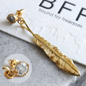 BFF フェザーピアス ゴールド 18K GP シルバー925 一粒ピアス ドロップピアス 片耳用 金属アレルギー対応 専用BOX