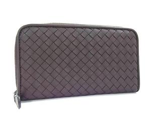 1円 ■極美品■ BOTTEGA VENETA ボッテガヴェネタ イントレチャート レザー ラウンドファスナー 長財布 ウォレット ブラウン系 FJ2849