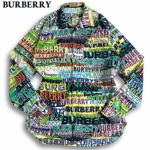 極美品/希少L◎ バーバリー《唯一無二の逸品》BURBERRY 開襟シャツ 長袖 近年タグ グラフィティロゴ 総柄 マルチカラー 入手困難◎ 春夏◎