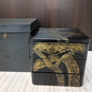 s001 J2 B品？ 重箱 三段重 金彩×松×螺鈿 高さ/18cm 現状品　漆器/骨董/古道具/アンティーク/当時物/時代