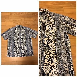 Hawaii製☆ROYAL CREATIONS メンズサイズS大き目.日本M-L並 半袖アロハシャツ・バティック.幾何学模様&古代絵文字調.ハワイアンボーダー柄