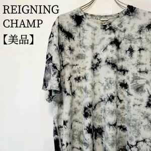 【美品】REIGNING CHAMP　ストレッチ　半袖　ラウンドネック　冷感 総柄 トップス XL レイニングチャンプ 大判プリント Tシャツ グレー