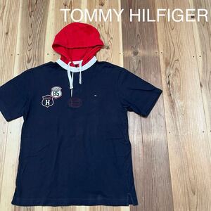 TOMMY HILFIGER トミーヒルフィガー ラガーシャツ フード 半袖ポロシャツ ワッペン 刺繍ロゴ ネイビー サイズXL 玉mc3063