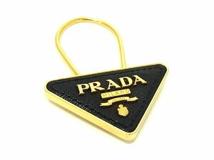 1円 ■美品■ PRADA プラダ サフィアーノレザー 三角プレート キーリング キーホルダー チャーム ブラック系×ゴールド系 FB7646