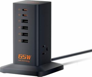 【1円オークション】usb コンセント急速充電器 65W 電源タップ タワー usb-c付き 充電ステーション 3AC差込口 4USB-A 2USB-C ARK0265