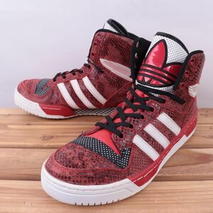 z4527 アディダス ミッドカット スニーカー US8 25.0cm/赤 レッド 白 ホワイト系 スネーク柄 adidas MID レディース 中古