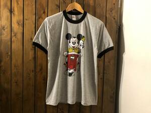 新品★ミッキーマウス & ミニーマウス　両面プリント　ビンテージスタイル　霜降り　リンガーTシャツ【L】★アニメーション/ベスパ/MICKEY