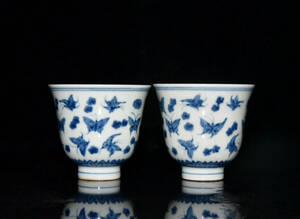 ▽鴻▽ 明 成化年製款 紅胎 青花 花卉紋 茶杯一對 古陶瓷品 置物 古賞物 中国古玩 中国古美術