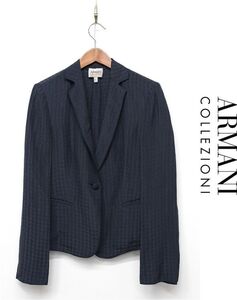 R-R290/ARMANI COLLEZIONI テーラードジャケット ブレザー リネン シルク 総柄 千鳥格子 1つボタン 裏地なし 42 XL 濃紺 春夏