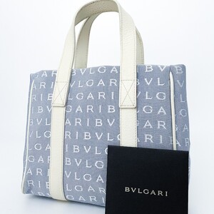 1円■超美品■高級ライン■BVLGARI ブルガリ キャンバス ロゴ総柄 軽量 ハンドバッグ トート ビジネス メンズ レディース レザー ブルー