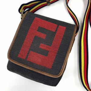 1円【入手困難/極美品】FENDI フェンディ ショルダーバッグ FF デカロゴ 斜め掛け ポシェット ストライプ デニム レザー メンズ レディース