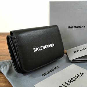 ☆送料無料☆ 極美品 BALENCIAGA コンパクトウォレット 593813 ブラック ロゴ 三つ折り財布 箱付き 397