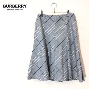 1D1870-F-S◆ BURBERRY LONDON バーバリー フレアスカート チェック 柄 ボトムス ◆ size40 ウール シルク グレー 古着 レディース