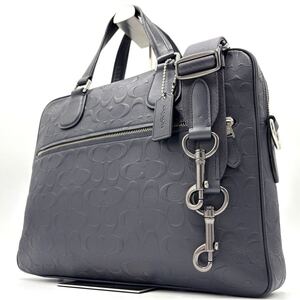 1円《 美品 》COACH コーチ 2way ビジネスバッグ ブリーフケース ハドソン メンズ シグネチャー PC A4◎ ショルダー 大容量 ロゴ ネイビー