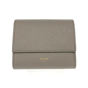 良好◆CELINE セリーヌ トリフォールド 財布◆ グレージュ レザー レディース 財布 ウォレット サイフ 札入れ