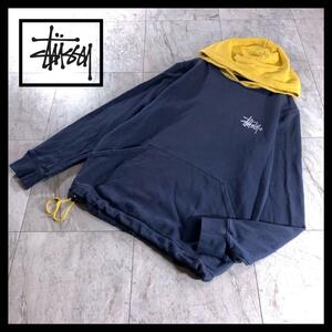 stussy プリントロゴ プルオーバー パーカー フーディ ネイビー 黄色 M