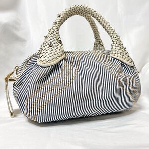 超希少 日本限定 デニム● FENDI フェンディ スパイバッグ ヒッコリー ハンド レザー レディース ゴールド 金具 ロゴ ホワイト ネイビー