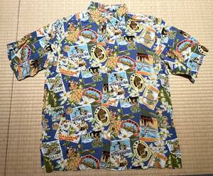 希少 REYN SPOONER レインスプーナー 90s 00s EXCLUSIVE 総柄 ペナント×フラガール アロハシャツ ハワイアンシャツ M vintage KONA COFFEE