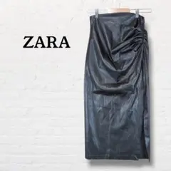 ザラ　ZARA☆フェイクレザースリットロングスカート【XS】ブラック