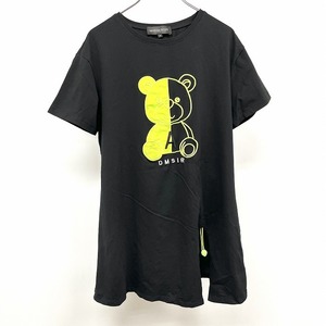 VANESSA SCOTT ロング丈Tシャツ Tシャツチュニック 半袖 クマ 刺繍 コットン×ポリウレタン S 黒 ブラック×ネオングリーン レディース