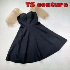 【TS couture】ペアトップドレス　レーススリーブ　パールビジュ　ミディ丈