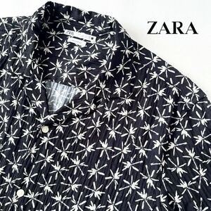 (美品) ザラ ZARA オープンカラー テクスチャー 半袖シャツ 42 US L (日本XL) ブラック ホワイト プリント シャツ