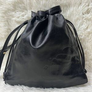 希少！LOEWE ロエベ 巾着 ショルダーバッグ アナグラム ブラック フラメンコ 配色ステッチ ナッパレザー ゴールド金具 ヴィンテージ