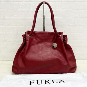 1404◎ FURLA フルラ バッグ 鞄 ハンド トート マグネットボタン ロゴ キーホルダー 無地 カジュアル レッド レディース