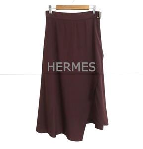 HERMES エルメス サイズ36 シルク100％ バックル アシンメトリー ミモレ丈 ロングスカート ボルドー