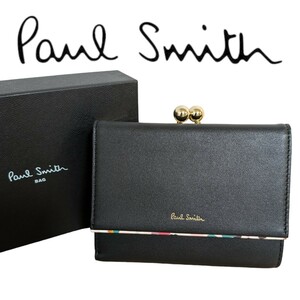 新品 ポールスミス Paul Smith がま口 折り財布 ペタルプリントトリム 羊革 牛革 ブラック レディース 婦人 花柄