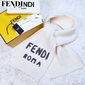 現行/極美品/21AW/フェンディ◎FENDI FFマフラー ホワイトウールマフラー ホワイト ニットマフラー 白 編み込み FENDI ROMA レタリングロゴ