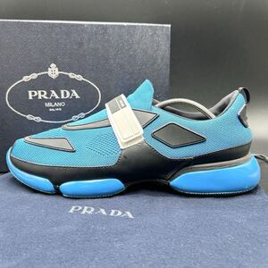 1円 【美品】 PRADA プラダ 【圧倒的高級感】 メンズ クラウドバスト ファブリック ベルクロ メッシュ ロゴ ラバー 厚底 ブルー 27.5cm位