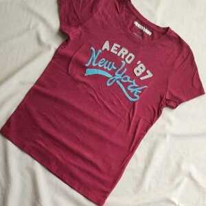 【OUTLET】 AERO ★ Tシャツ 半袖 エアロポステール ボルドー 濃赤 紫ピンク ワインレッド 刺繍 アップリケ 海外サイズ レディース