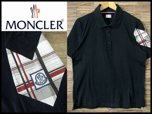 ◆ 定価55,000円 イタリア製 MONCLER GAMME BLEU モンクレール ガムブルー MAGLIA POLO ロゴ 刺繍 チェック 切替 半袖 ポロシャツ 紺 L