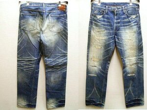 即決[W34]美品 FULLCOUNT 1703F STRAIGHT LEGS FULLY WASH INDIGO リペア ダメージ クラッシュ デニム パンツ■2412