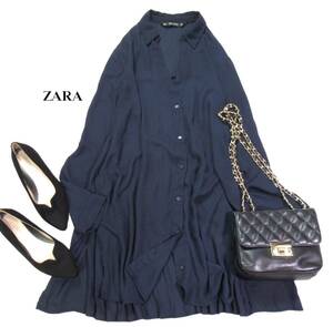 ザラ ZARA BASIC 大人素敵スタイル☆ 後ろプリーツ シアー シャツ ワンピース L