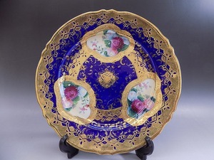 d179 技工名品 希少品 オールドノリタケ メイプルリーフ印 1891年～1915年 金点盛り 金彩 金粒 花模様画 プレート 飾皿 横25.5cm 日本陶器