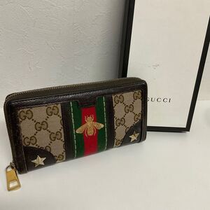 営NI219-60◆ GUCCI グッチ GGキャンバス ビー シェリーライン ラウンドファスナー 長財布 406754 203887 箱あり