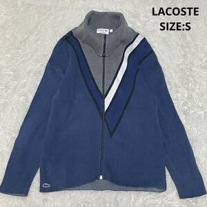 フランス製 LACOSTE ラコステ Vライン ハイネックジップアップニット タートルネック フルジップ サイズS ネイビー 紺 古着