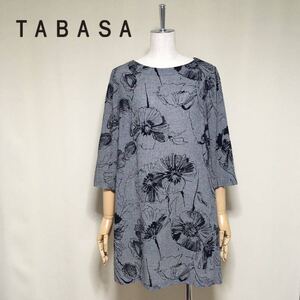 【TABASA】タバサ 定価4.2万 レーヨン×ウール 千鳥 フラワー フロッキープロント チュニック 32/S〜Mサイズ ブラック系 レディース 日本製