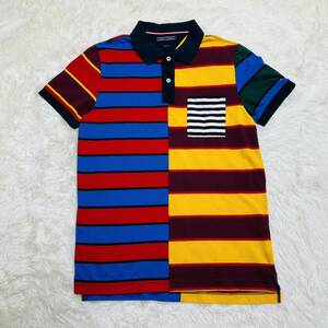 YT1848 TOMMY HILFIGER トミーヒルフィガー オールオーバー ボーダープリント ポロシャツ Mサイズ 半袖 コットン100％ マルチカラー