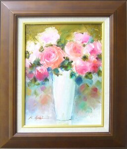 絵画 肉筆油絵 青木今陽 静物画 ピンクの薔薇 送料無料