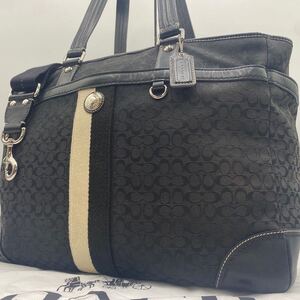 1円【極美品】COACH コーチ 2way ビジネス トートバッグ メンズ シグネチャー 大容量 A4/PC可 斜め掛け 多機能ポケット 黒 ブラック レザー