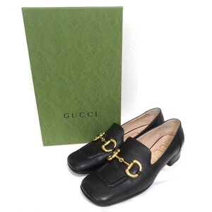 美品 GUCCI グッチ ホースビット スクエアトゥ モカシン ヒールローファー シューズ 700064 37.5 約24.5cm ブラック×ゴールド金具 ◆