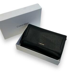 【美品】　カルバンクライン　長財布　ブラック　レザー　大容量　3つ折り　calvin klein 財布　CK ロングウォレット　ロゴ　金具　1007