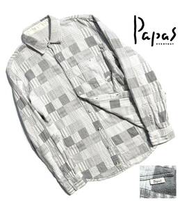 最高級【定価3万超】Papas パパス パッチワーク ヘビーネル 長袖シャツ 48(M) チェック ロゴ 厚手コットン 日本製 メンズ 送料520円