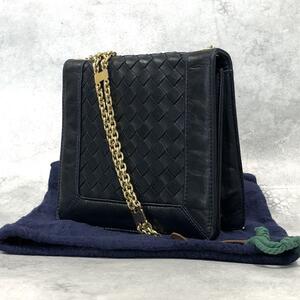 1円【美品】BOTTEGA VENETA ボッテガヴェネタ イントレチャート ゴールド チェーン ショルダーバッグ ラムスキン レザー ブラック系 金具